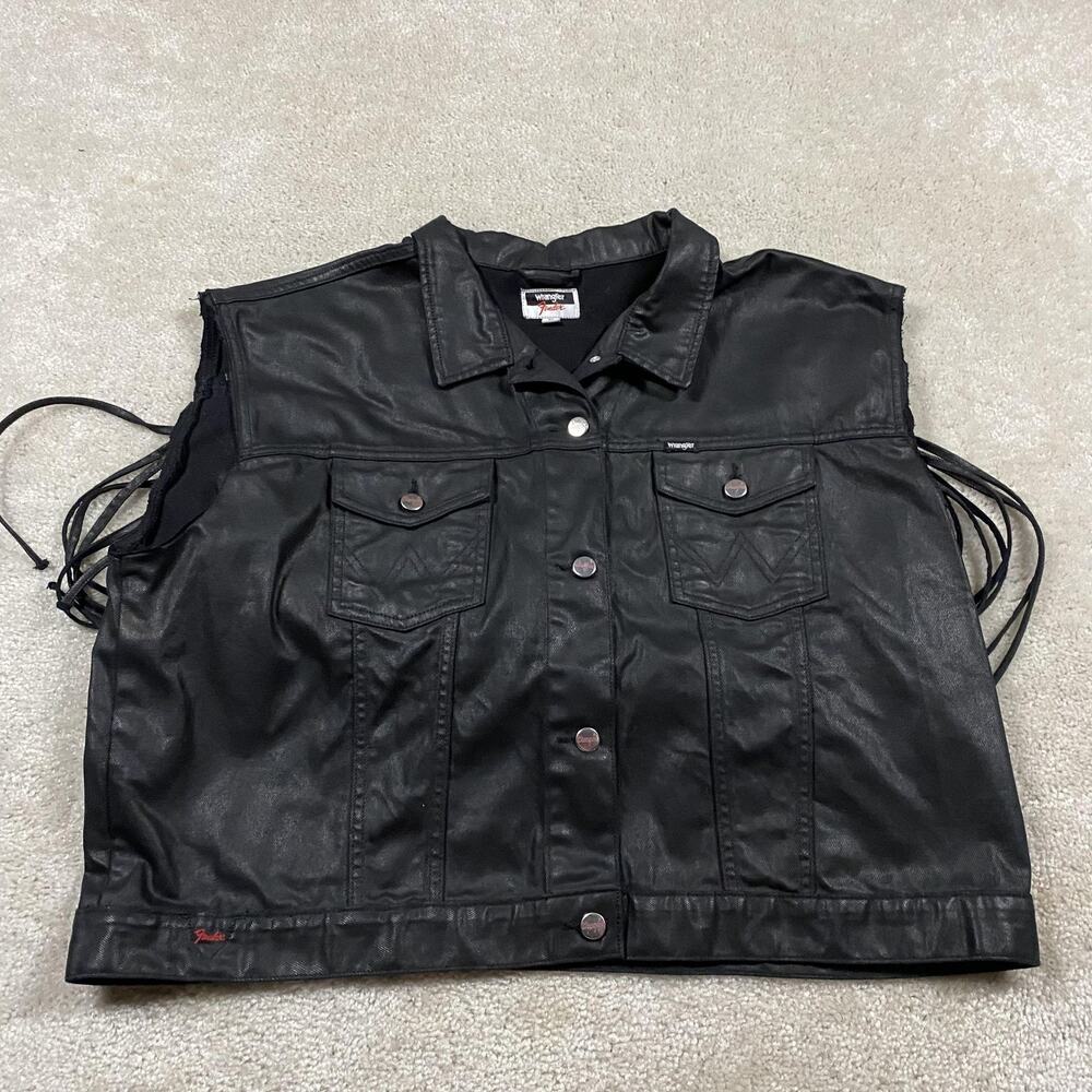 Wrangler Fender Vest Mens XL Black Waxed Denim Fringe Biker Western Rock Cutoff